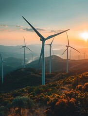 Canvas Print - Offshore Wind Farm Generating Renewable Energy at Scenic Mountainous Sunset Landscape