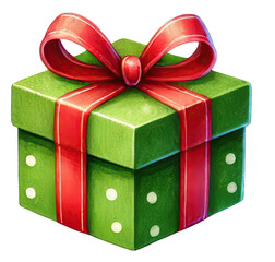 A green gift box with a red ribbon and bow, decorated with white dots.