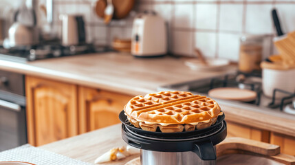 Canvas Print - Freshly made waffles resting on a waffle maker in a cozy kitchen setting with wooden cabinets and kitchen appliances in the background.