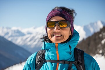 Poster - Portrait of a grinning indian woman in her 50s wearing a windproof softshell isolated on snowy mountain range