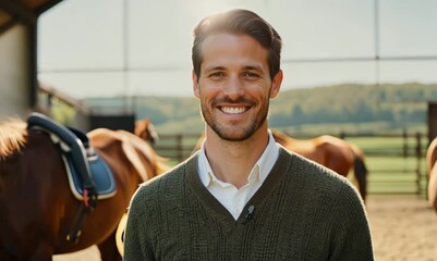 Wall Mural - Medium shot portrait video of a grinning man in his 30s that is wearing a chic cardigan against an equestrian or horse background