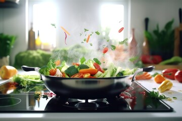 Wall Mural - Vegetables falling into frying pan.