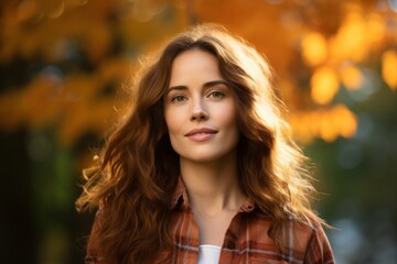 Sticker - Portrait of a satisfied woman in her 30s wearing a comfy flannel shirt in background of autumn leaves