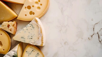 Sticker - Assorted cheese varieties and a piece of bread on a marble surface, including Swiss cheese with holes and blue cheese.