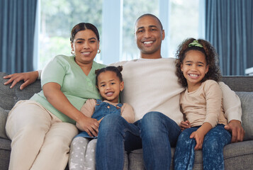 Sticker - Portrait, family and relax on sofa with love, bonding and affection for children for parent relationship with trust or care. Mother, father and female siblings on couch in house, people and comfort.