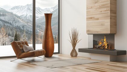 Poster - A wooden vase with a woven texture is placed on the floor in front of an armchair and next to it there is a modern fireplace, creating a cozy atmosphere for reading 