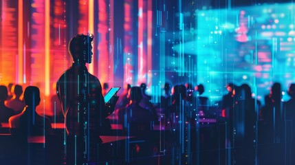 Wall Mural - Silhouettes in a vibrant digital world, with colorful light and code projections, representing futuristic technology and network connectivity.