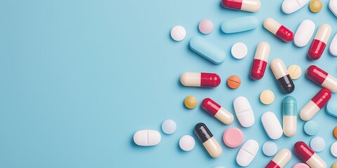 Scattered colorful pills, capsules, and tablets visible on a blue solid background, representing various medications.