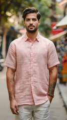 A man wearing a comfortable cotton shirt, showcasing a casual and relaxed fashion style
