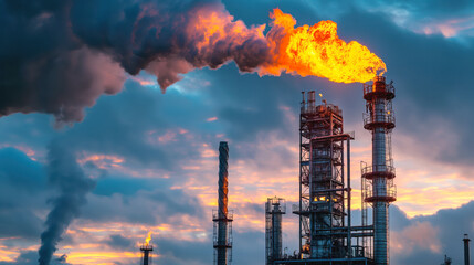 Canvas Print - Industrial refinery plant with tall stacks emitting flames and smoke against a dramatic sky with colorful clouds at sunset or sunrise.