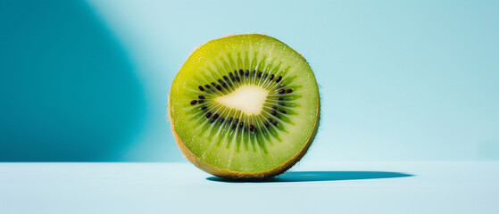 Half of a Fresh Kiwi on a Light Blue Background, suitable for health food blogs, smoothie ingredients, and summer fruit promotions
