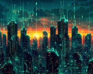 Futuristic Smart Cyber City illustration: Innovative Urban Landscape, futuristic technology and cyber punk concept, Graphic Resources, Wallpapers, Brochure, Websites, banner, Advertising, background