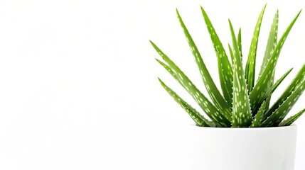 Canvas Print - Aloe Vera Plant in White Pot on White Background with Space for text