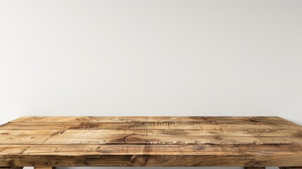 Poster - Wooden table and blank white backdrop for product display.