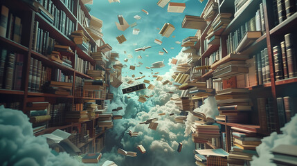 surreal dreamscape with floating books