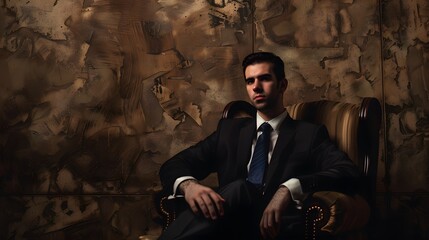 Wall Mural - A man in a suit sits in an armchair, staring intently.