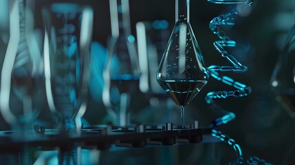 Wall Mural - close up of a laboratory with beakers and a strand of dna.