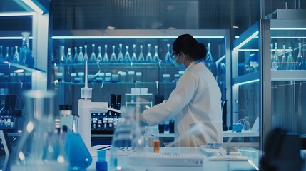 Wall Mural - a female scientist in a lab coat works in a modern lab.