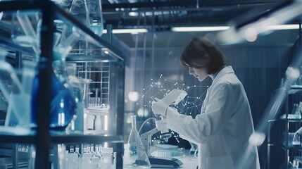 Wall Mural - a female scientist in a lab coat examines a device in a modern lab.