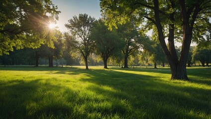 Canvas Print - Sunny day in the park with fresh green grass