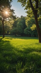 Wall Mural - Sunny park backdrop with lush green grass