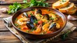 © Serjio - Sopa de mariscos servida en un cuenco de barro, decorada con perejil fresco, acompañada de pan rústico y ajo, sobre una mesa de madera. Cocina francesa.