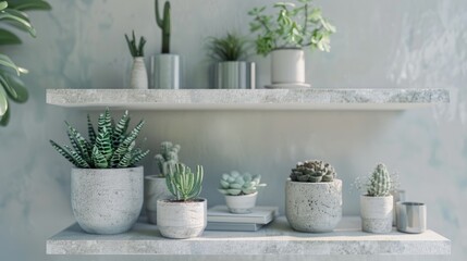 Sticker - Concrete pots on white shelf with succulents and cacti; Scandinavian hipster decor