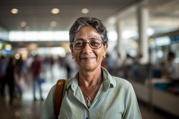 Wall Mural - Portrait of a merry indian woman in her 60s donning a classy polo shirt while standing against busy airport terminal