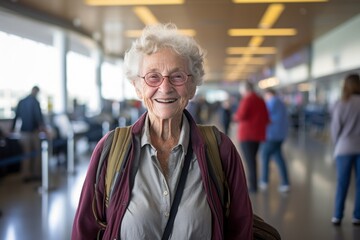 Poster - Portrait of a grinning elderly woman in her 90s sporting a breathable hiking shirt in front of busy airport terminal