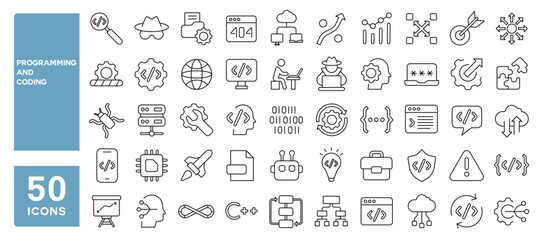 Set of 50 line icons related to programming and coding, software development, IT operations, information technology, writing code, Editable stroke. Vector illustration