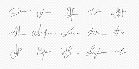 Fake signatures. Fake autograph. Personal signature calligraphy. Contrived signature. Various autographs for documents. Ink autograph