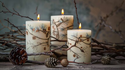 Wall Mural - Three decorated candles with branches and pine cones