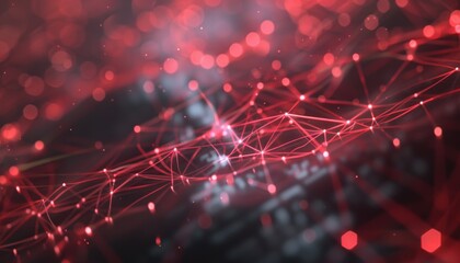 A detailed view of a holographic projection showing a red cloud computing system with complex network pathways and system nodes