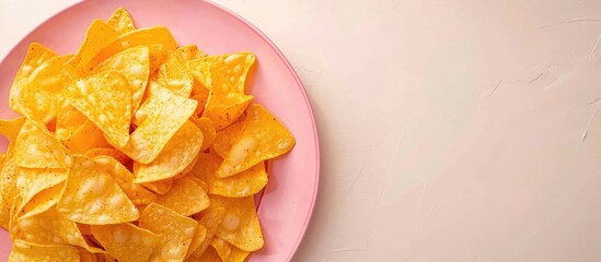 Plate of spicy chips on a pink plate set against a white paper background with available copy space image.