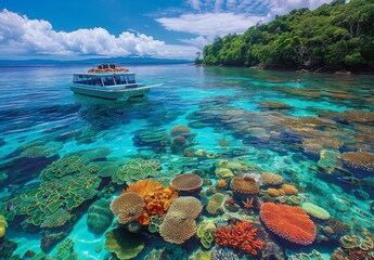 Wall Mural - A vibrant coral reef and underwater world visible from a glass bottom boat near an island resort