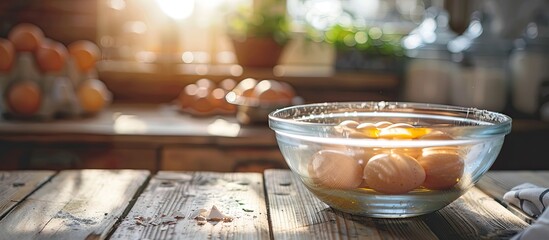 Wall Mural - Whisking eggs in glass bowl on wooden table with soft morning light, creating a cozy scene for a copy space image.