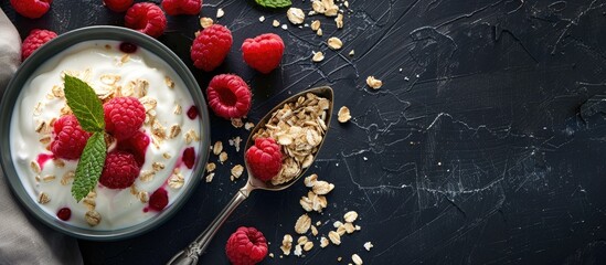 Wall Mural - Vegan breakfast featuring yogurt, muesli, raspberries on dark background for copy space image.