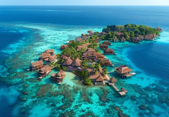 Wall Mural - Aerial view of a cluster of tropical islands with luxurious resorts and clear blue waters