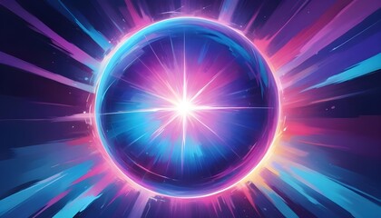 Wall Mural - A glowing, colorful sphere with a bright center surrounded by radiant energy beams in shades of blue, purple, and pink against a dark background