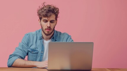 a motivated young professional with his laptop at a wooden table, working intently against a soft pink background, radiating focus and suitable for highlighting text or graphic elements