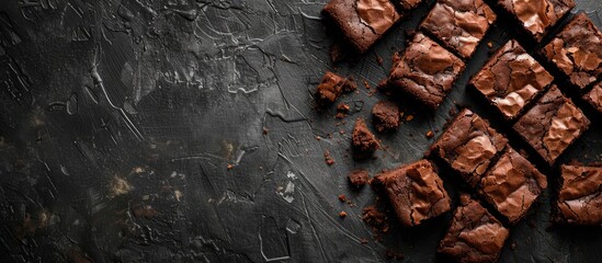 Wall Mural - Top view of delicious homemade chocolate fudge brownies on a rustic black background with ample copy space image.