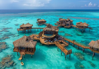 Wall Mural - A cluster of islands connected by wooden walkways and featuring overwater dining options