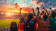 © Dina Photo Stories - Sport fans cheering for their team on stadium at sunset. Crowd of Fans with Painted Faces Celebrate Championship Victory. Soccer, football, tennis fans celebrate victory.