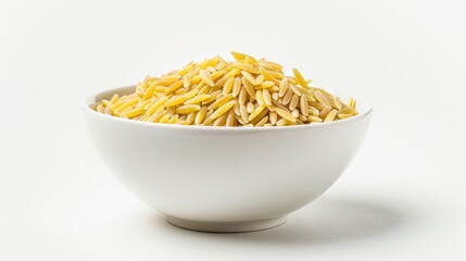 Canvas Print - Italian orzo pasta in white bowl on white background rice like shape angled view