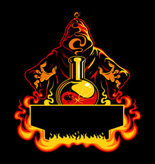 The wizard, sorcerer casts a spell over a flask. Vector illustration.