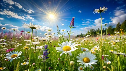 Poster - A beautiful, sun-drenched spring summer meadow. Natural colorful panoramic landscape with many wild flowers of daisies against blue sky. A frame with soft selective focus.