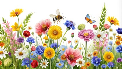 Poster - Colorful meadow flowers and bee on white background, banner design