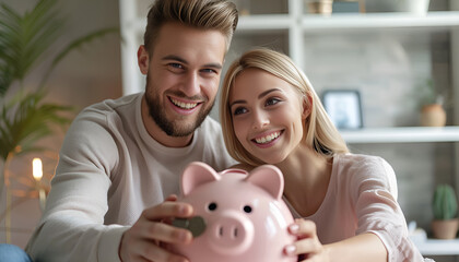 Smiling, happy young family together put coins in piggy bank to save money. Married couple are planning to save up finances. Savings, investments, financial freedom, business, hope for success