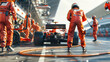 © Dina Photo Stories - Professional pit crew in orange uniform ready for action as their team's race car arrives in the pit lane during pitstop of car race, concept of Professional teamwork. Back view racing car on pit stop