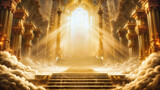 Celestial Sanctuary with tall golden pillars environment with clouds and fog effects illustration